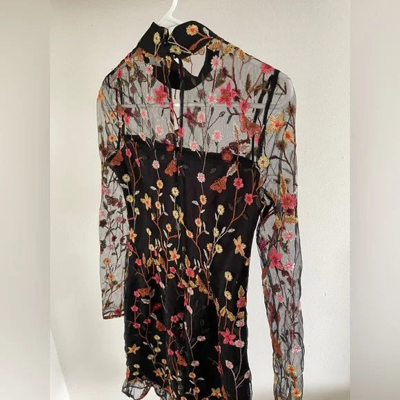 Revolve Donna Mizani Bettie Dress Black Embroidered Floral Mockneck (XSmall) - Picture 7 of 10